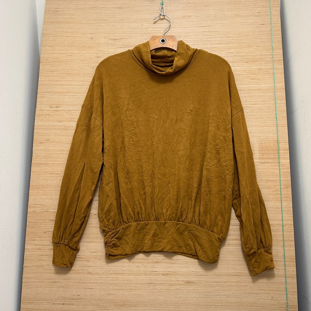 Garnet Hill Mustard Ochre Turtleneck Banded Hem Blouson Top Small